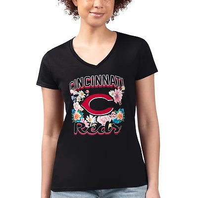 Women's G-III 4Her by Carl Banks Black Cincinnati Reds Super-Slim Fit Lightweight Flowers Graphic V-Neck T-Shirt