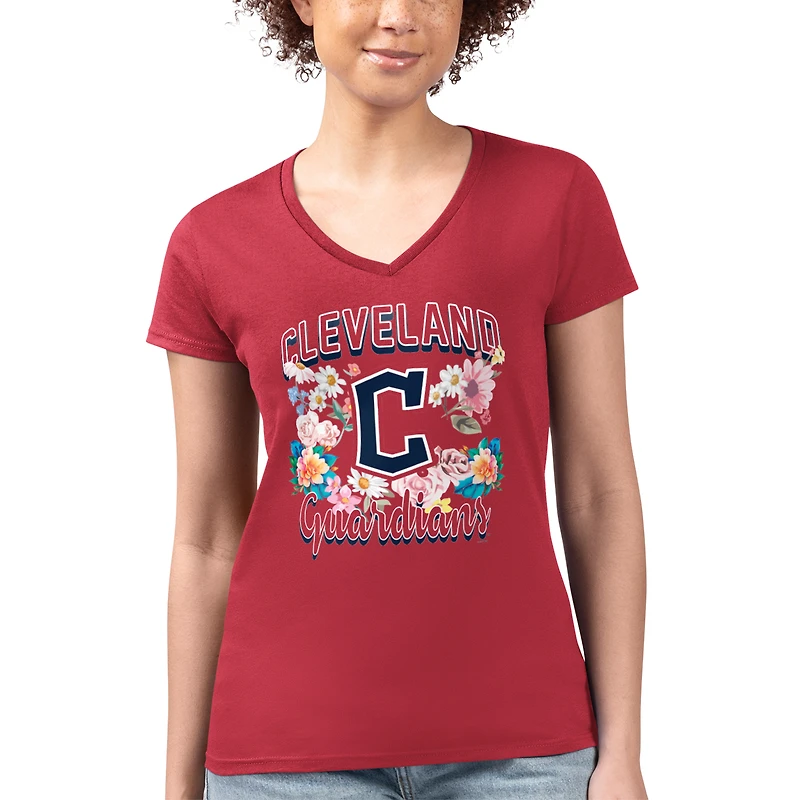 Women's G-III 4Her by Carl Banks Red Cleveland Guardians Super-Slim Fit Lightweight Flowers Graphic V-Neck T-Shirt