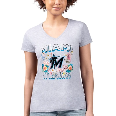 Women's G-III 4Her by Carl Banks Heather Gray Miami Marlins Super-Slim Fit Lightweight Flowers Graphic V-Neck T-Shirt