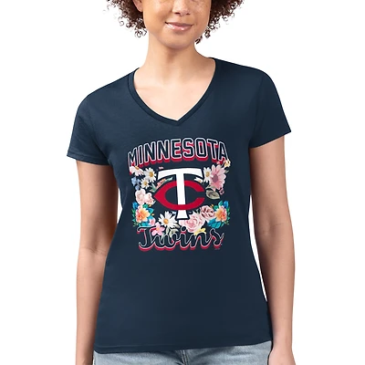 Women's G-III 4Her by Carl Banks Navy Minnesota Twins Super-Slim Fit Lightweight Flowers Graphic V-Neck T-Shirt