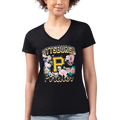 Women's G-III 4Her by Carl Banks Black Pittsburgh Pirates Super-Slim Fit Lightweight Flowers Graphic V-Neck T-Shirt
