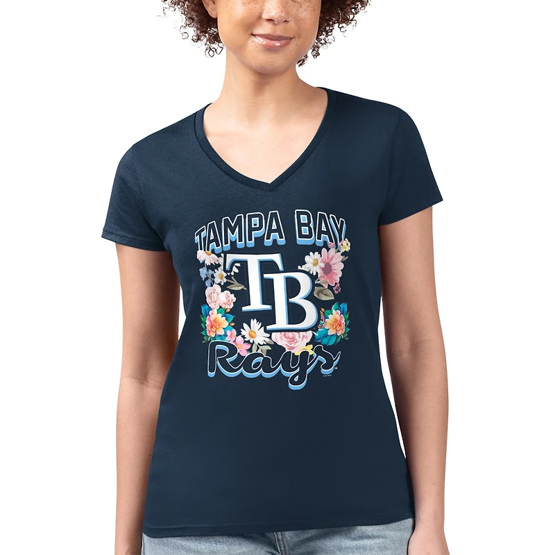 Women's G-III 4Her by Carl Banks Navy Tampa Bay Rays Super-Slim Fit Lightweight Flowers Graphic V-Neck T-Shirt