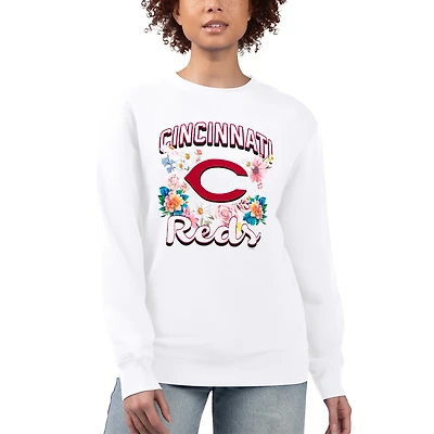 Women's G-III 4Her by Carl Banks White Cincinnati Reds Flowers Graphic Pullover Sweatshirt