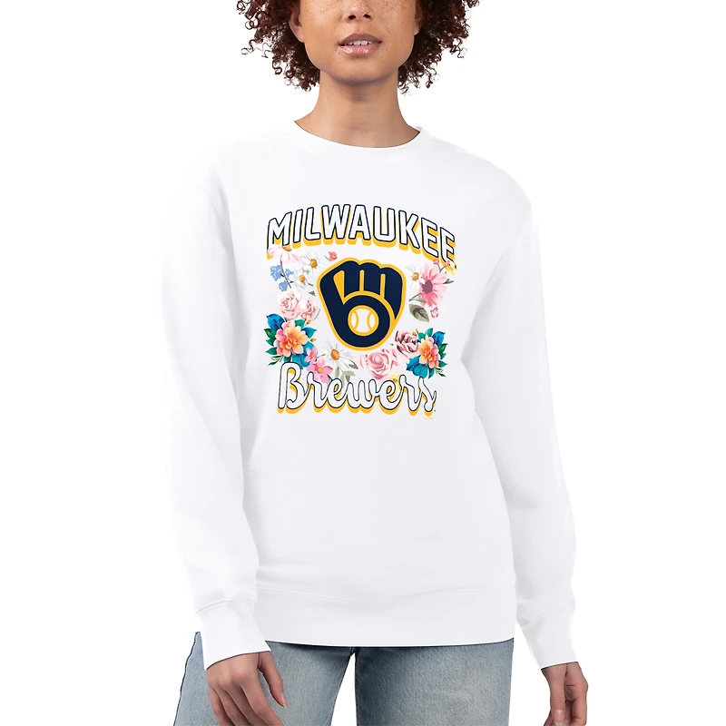 Women's G-III 4Her by Carl Banks White Milwaukee Brewers Flowers Graphic Pullover Sweatshirt
