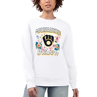 Women's G-III 4Her by Carl Banks White Milwaukee Brewers Flowers Graphic Pullover Sweatshirt