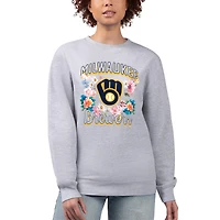 Women's G-III 4Her by Carl Banks Heather Gray Milwaukee Brewers Flowers Graphic Pullover Sweatshirt