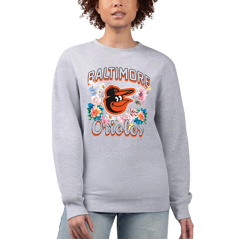 Women's G-III 4Her by Carl Banks Heather Gray Baltimore Orioles Flowers Graphic Pullover Sweatshirt