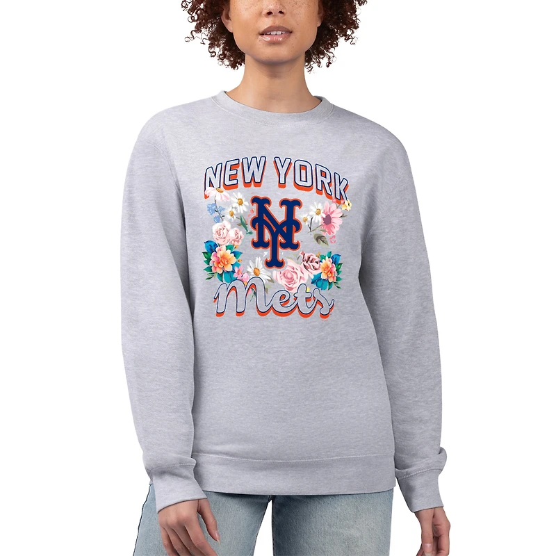 Women's G-III 4Her by Carl Banks Heather Gray New York Mets Flowers Graphic Pullover Sweatshirt