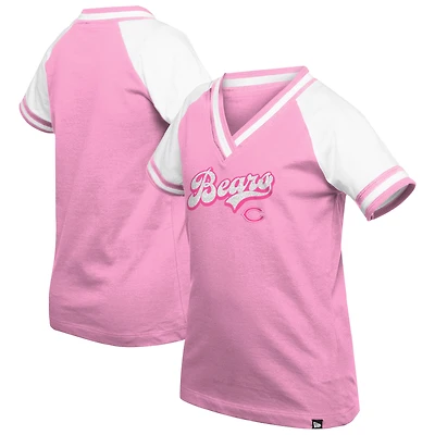 Girl's Youth New Era Pink Chicago Bears Mommy & Me Multiplier Raglan V-Neck T-Shirt