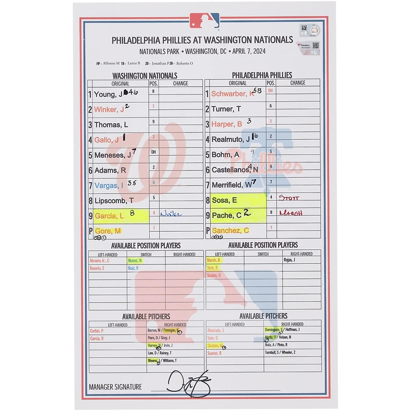 Washington Nationals Game-Used Lineup Card vs. Philadelphia Phillies on April 7, 2024