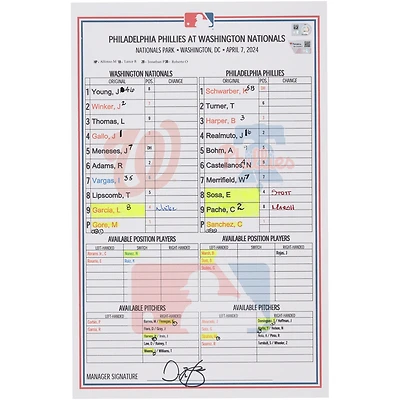 Washington Nationals Game-Used Lineup Card vs. Philadelphia Phillies on April 7, 2024