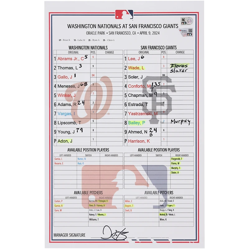 Washington Nationals Game-Used Lineup Card vs. San Francisco Giants on April 9, 2024