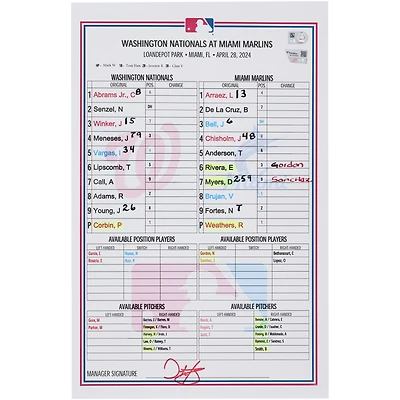 Washington Nationals Game-Used Lineup Card vs. Miami Marlins on April 28, 2024