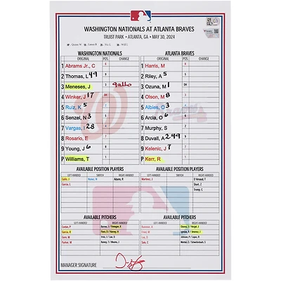 Washington Nationals Game-Used Lineup Card vs. Atlanta Braves on May 30, 2024