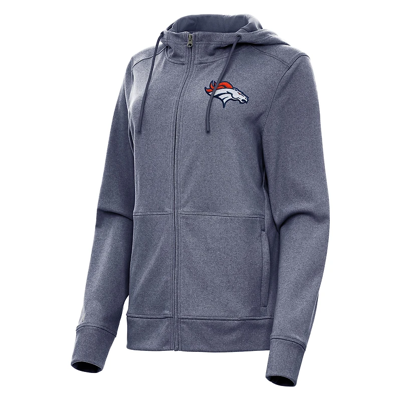 Women's Antigua Heather Navy Denver Broncos Seeker Full-Zip Hoodie Jacket