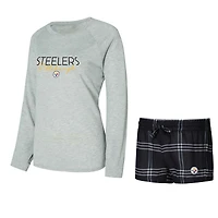 Women's Concepts Sport Black/Gray Pittsburgh Steelers Petition Raglan Long Sleeve Top and Shorts Set