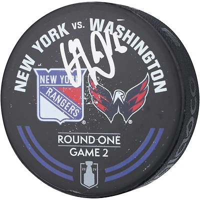 Vincent Trocheck New York Rangers Autographed Practice-Used Warm-Up Puck from 2024 Stanley Cup Playoffs First Round Game 2 vs. Washington Capitals