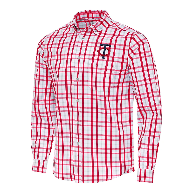 Men's Antigua Red/White Minnesota Twins Tending Woven Tri-Blend Long Sleeve Button-Down Shirt