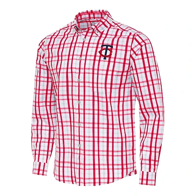 Men's Antigua Red/White Minnesota Twins Tending Woven Tri-Blend Long Sleeve Button-Down Shirt