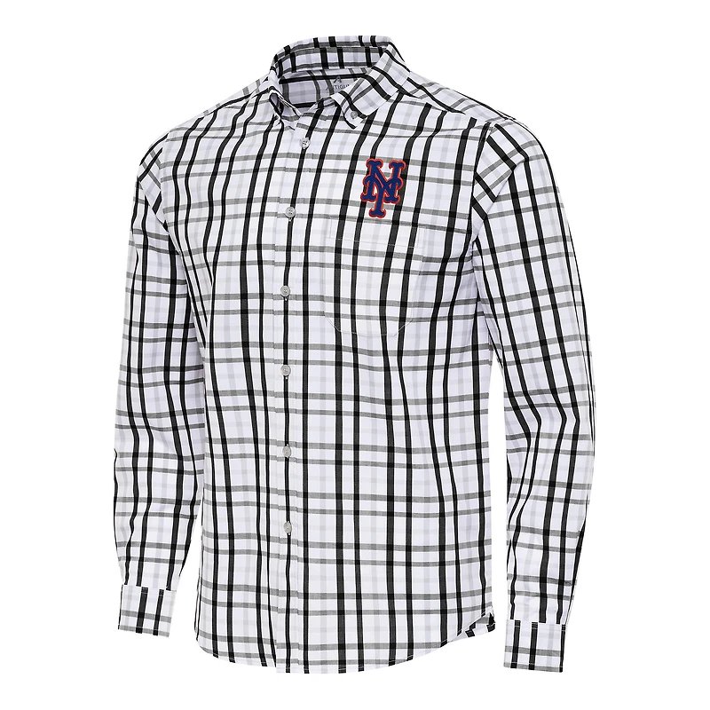 Men's Antigua Black/White New York Mets Tending Woven Tri-Blend Long Sleeve Button-Down Shirt