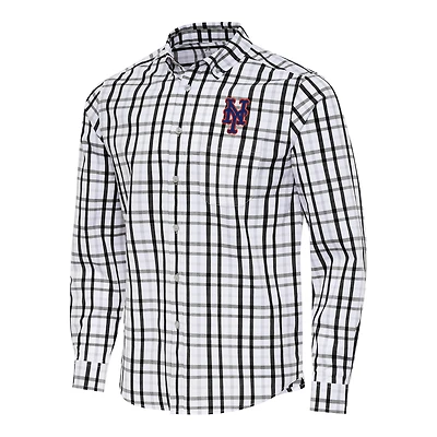 Men's Antigua Black/White New York Mets Tending Woven Tri-Blend Long Sleeve Button-Down Shirt