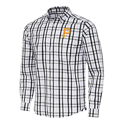 Men's Antigua Black/White Pittsburgh Pirates Tending Woven Tri-Blend Long Sleeve Button-Down Shirt