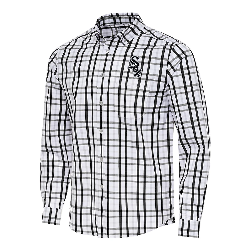 Men's Antigua Black/White Chicago White Sox Tending Woven Tri-Blend Long Sleeve Button-Down Shirt