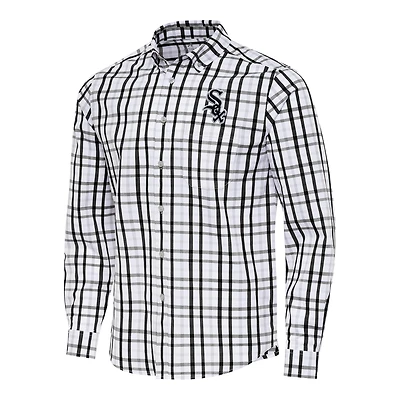 Men's Antigua Black/White Chicago White Sox Tending Woven Tri-Blend Long Sleeve Button-Down Shirt