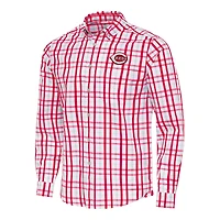 Men's Antigua Red/White Cincinnati Reds Tending Woven Tri-Blend Long Sleeve Button-Down Shirt