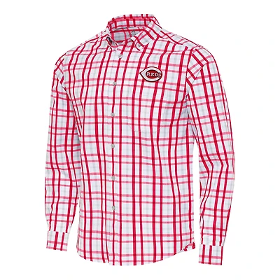 Men's Antigua Red/White Cincinnati Reds Tending Woven Tri-Blend Long Sleeve Button-Down Shirt
