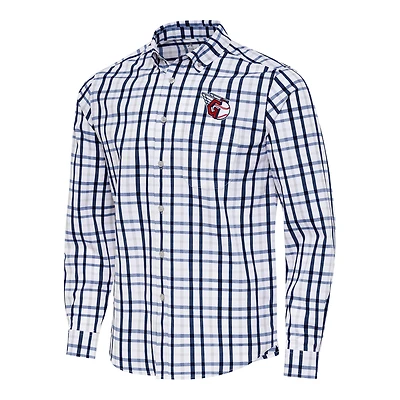 Men's Antigua Navy/White Cleveland Guardians Tending Woven Tri-Blend Long Sleeve Button-Down Shirt
