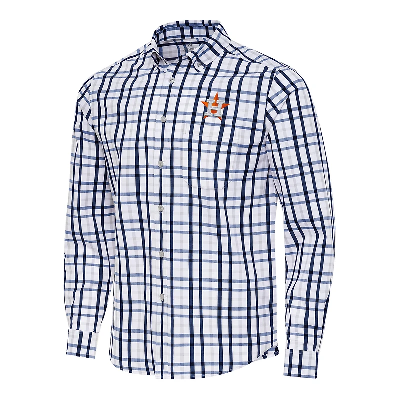 Men's Antigua Navy/White Houston Astros Tending Woven Tri-Blend Long Sleeve Button-Down Shirt