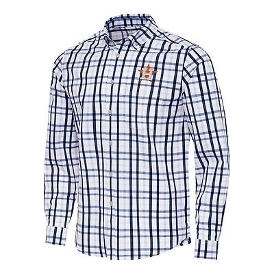 Men's Antigua Navy/White Houston Astros Tending Woven Tri-Blend Long Sleeve Button-Down Shirt