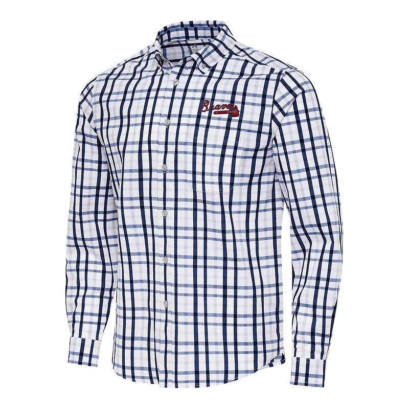 Men's Antigua Navy/White Atlanta Braves Tending Woven Tri-Blend Long Sleeve Button-Down Shirt