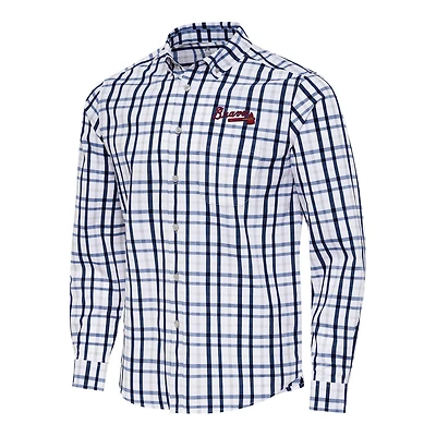 Men's Antigua Navy/White Atlanta Braves Tending Woven Tri-Blend Long Sleeve Button-Down Shirt