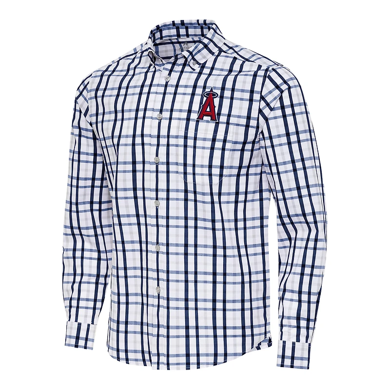 Men's Antigua Navy/White Los Angeles Angels Tending Woven Tri-Blend Long Sleeve Button-Down Shirt