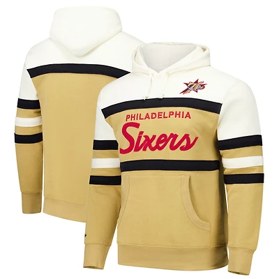 Men's Mitchell & Ness Tan/Cream Philadelphia 76ers Hardwood Classics Vintage Logo Head Coach Pullover Hoodie