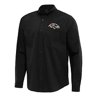 Men's Antigua Black Baltimore Ravens Flight Woven Tri-Blend Long Sleeve Button-Down Shirt
