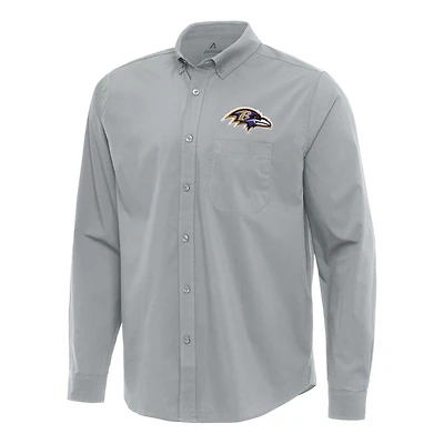 Men's Antigua Gray Baltimore Ravens Flight Woven Tri-Blend Long Sleeve Button-Down Shirt