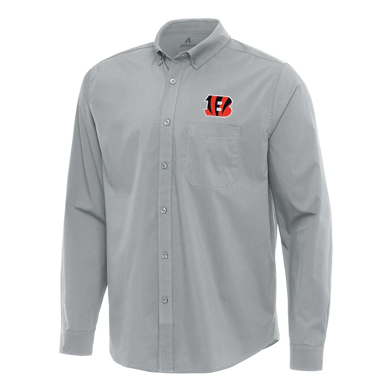Men's Antigua Gray Cincinnati Bengals Flight Woven Tri-Blend Long Sleeve Button-Down Shirt