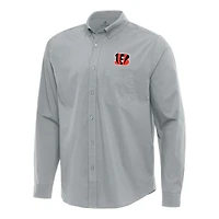 Men's Antigua Gray Cincinnati Bengals Flight Woven Tri-Blend Long Sleeve Button-Down Shirt