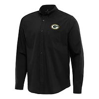 Men's Antigua Black Green Bay Packers Flight Woven Tri-Blend Long Sleeve Button-Down Shirt