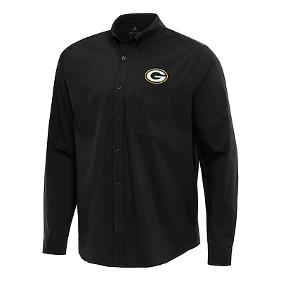 Men's Antigua Black Green Bay Packers Flight Woven Tri-Blend Long Sleeve Button-Down Shirt
