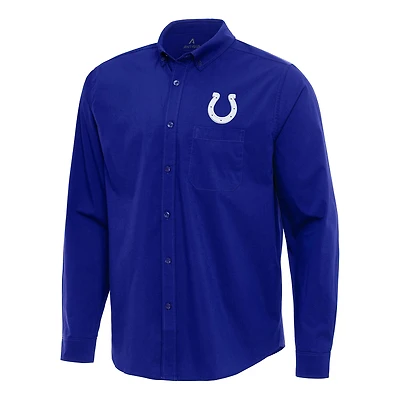 Men's Antigua Royal Indianapolis Colts Flight Woven Tri-Blend Long Sleeve Button-Down Shirt