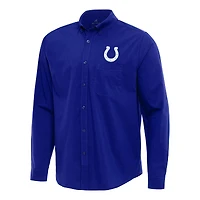 Men's Antigua Royal Indianapolis Colts Flight Woven Tri-Blend Long Sleeve Button-Down Shirt