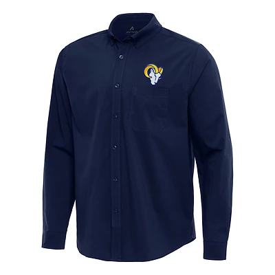 Men's Antigua Navy Los Angeles Rams Flight Woven Tri-Blend Long Sleeve Button-Down Shirt