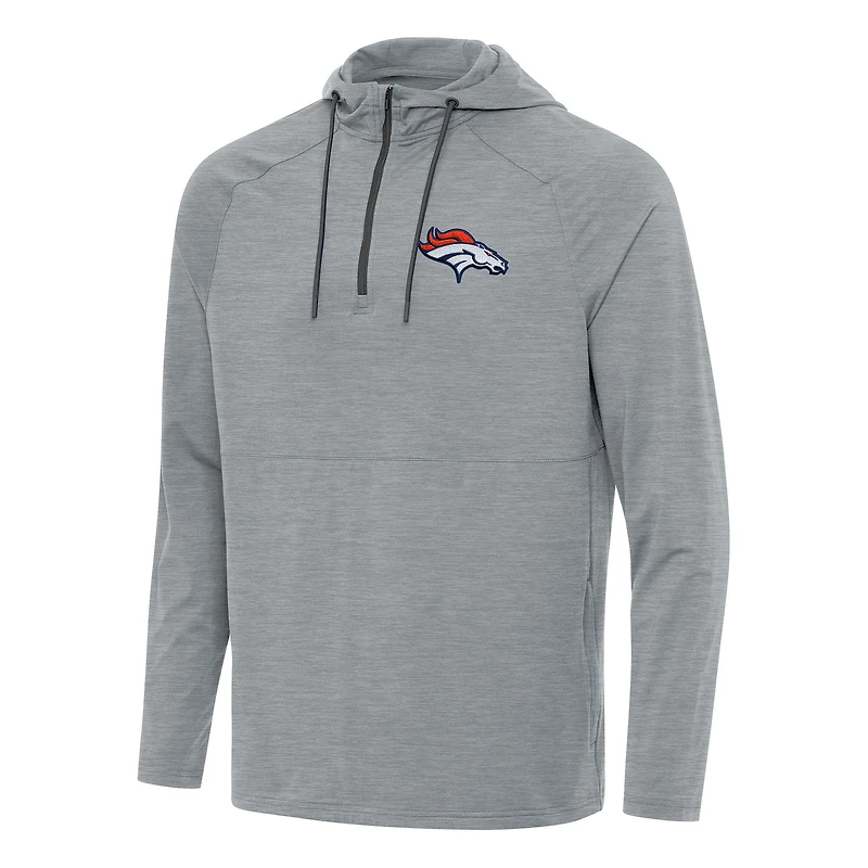 Men's Antigua Heather Gray Denver Broncos Spikes Quarter-Zip Pullover Hoodie