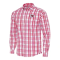 Men's Antigua Red/Gray Kansas City Chiefs Tending Woven Tri-Blend Long Sleeve Button-Down Shirt