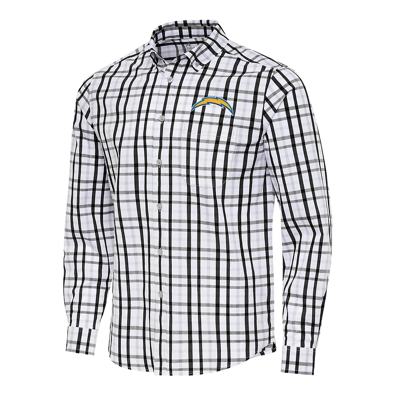 Men's Antigua Black/Gray Los Angeles Chargers Tending Woven Tri-Blend Long Sleeve Button-Down Shirt