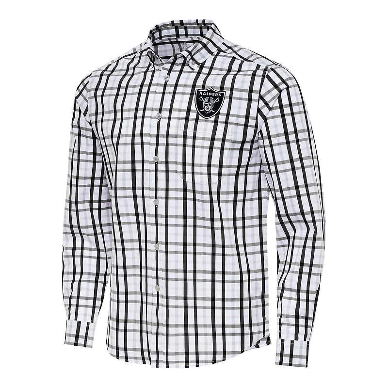 Men's Antigua Black/Gray Las Vegas Raiders Tending Woven Tri-Blend Long Sleeve Button-Down Shirt